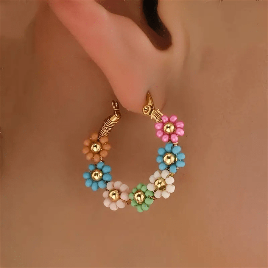 Bohemian Style Stainless Steel Beaded Flower Decor Hoop Earrings