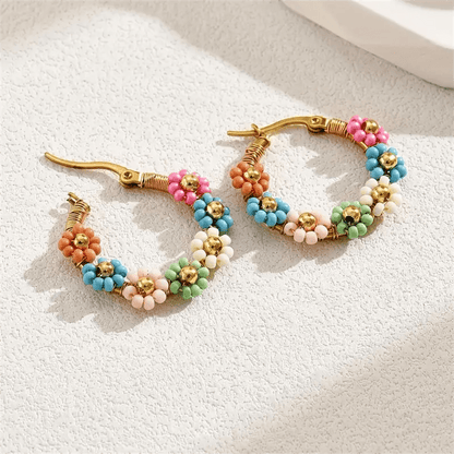 Bohemian Style Stainless Steel Beaded Flower Decor Hoop Earrings