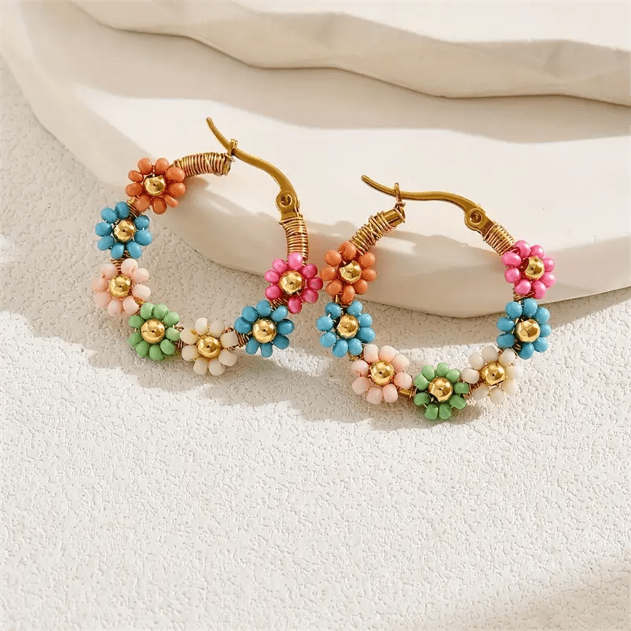 Bohemian Style Stainless Steel Beaded Flower Decor Hoop Earrings