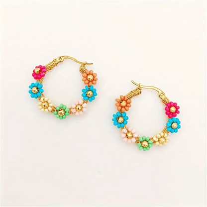 Bohemian Style Stainless Steel Beaded Flower Decor Hoop Earrings