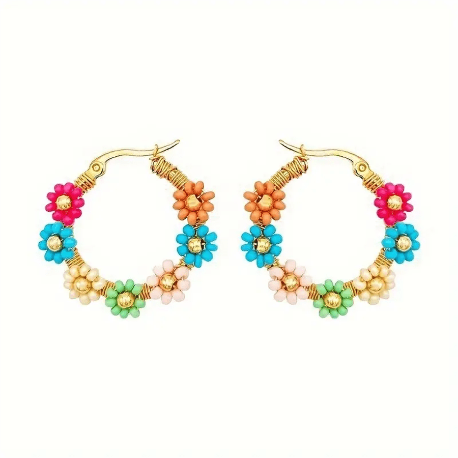 Bohemian Style Stainless Steel Beaded Flower Decor Hoop Earrings