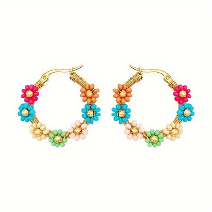 Bohemian Style Stainless Steel Beaded Flower Decor Hoop Earrings