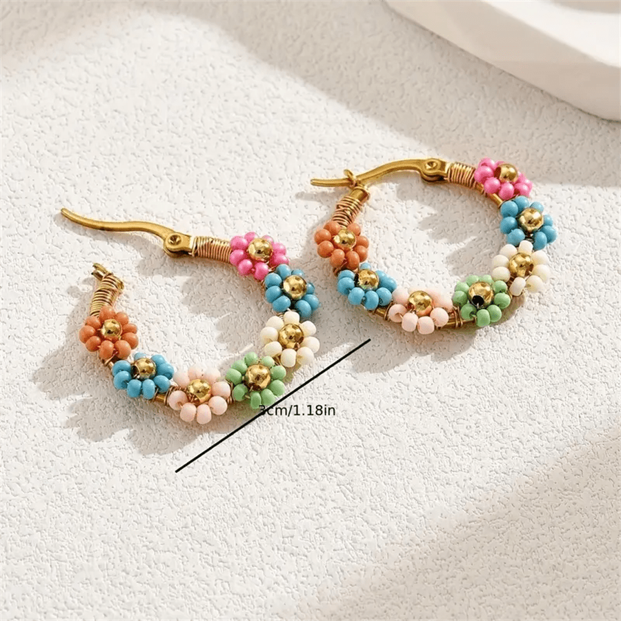 Bohemian Style Stainless Steel Beaded Flower Decor Hoop Earrings