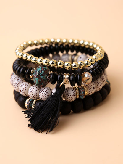 4pcs/set Rhinestone Hamsa Hand & Tassel Decor Fringe Palm Eye Pendant Multi-layer Beaded Bracelet