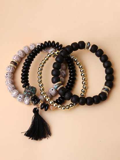 4pcs/set Rhinestone Hamsa Hand & Tassel Decor Fringe Palm Eye Pendant Multi-layer Beaded Bracelet