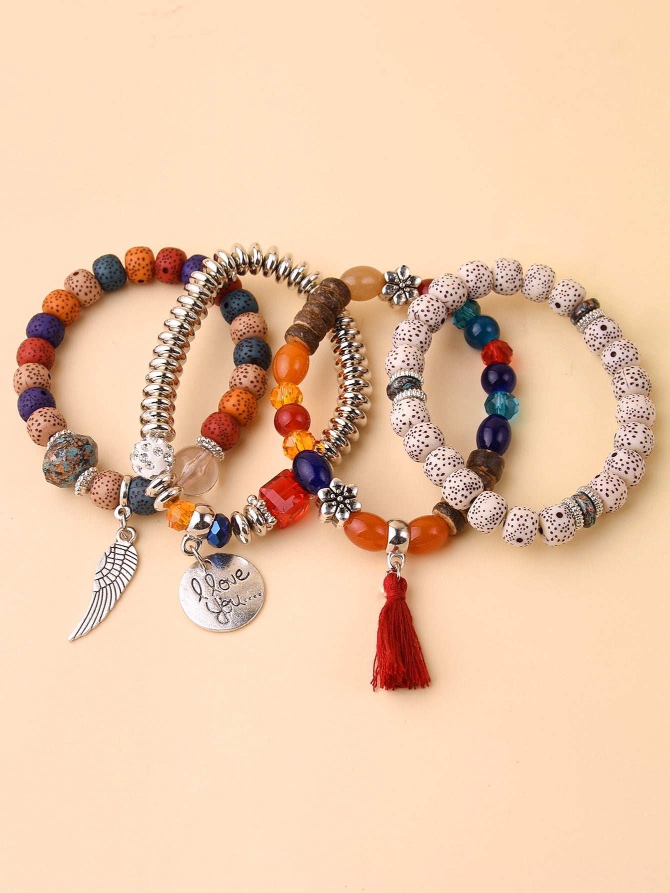 4pcs/set Rhinestone Hamsa Hand & Tassel Decor Fringe Palm Eye Pendant Multi-layer Beaded Bracelet