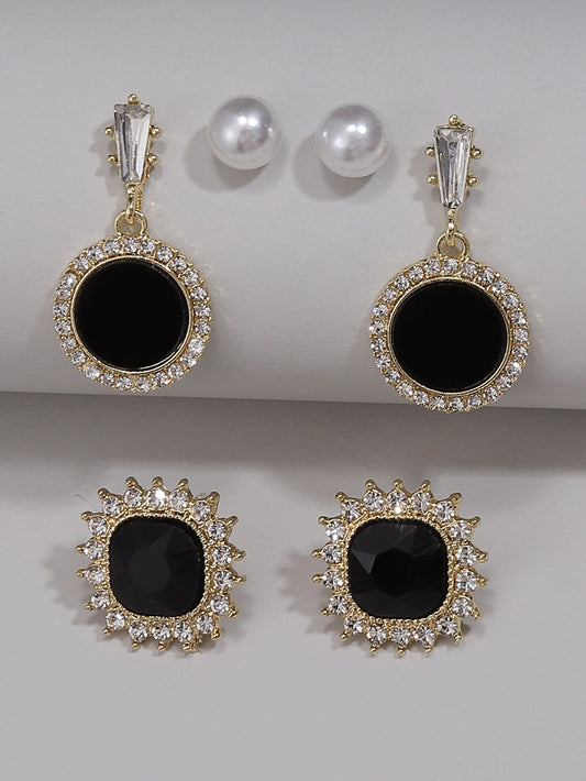 3pairs Rhinestone Decor Earrings