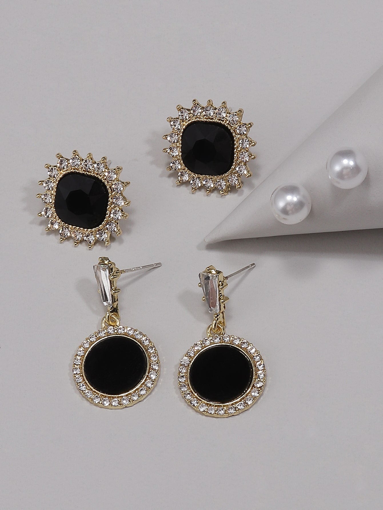 3pairs Rhinestone Decor Earrings