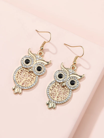 Rhinestone Owl Design Drop Earrings