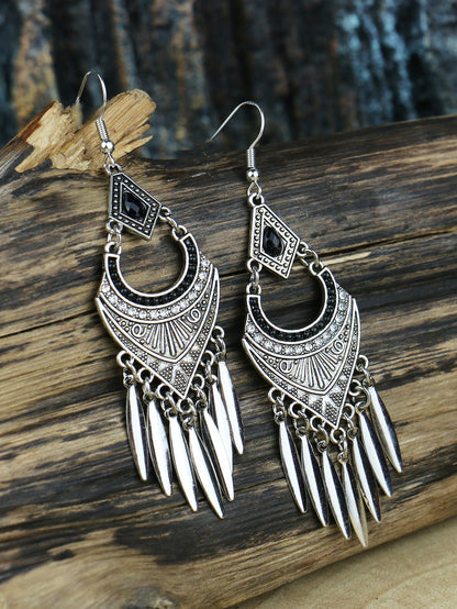 Sophisticated Silver Tassel Earrings: Geometric Glamour with Rhinestone Accents