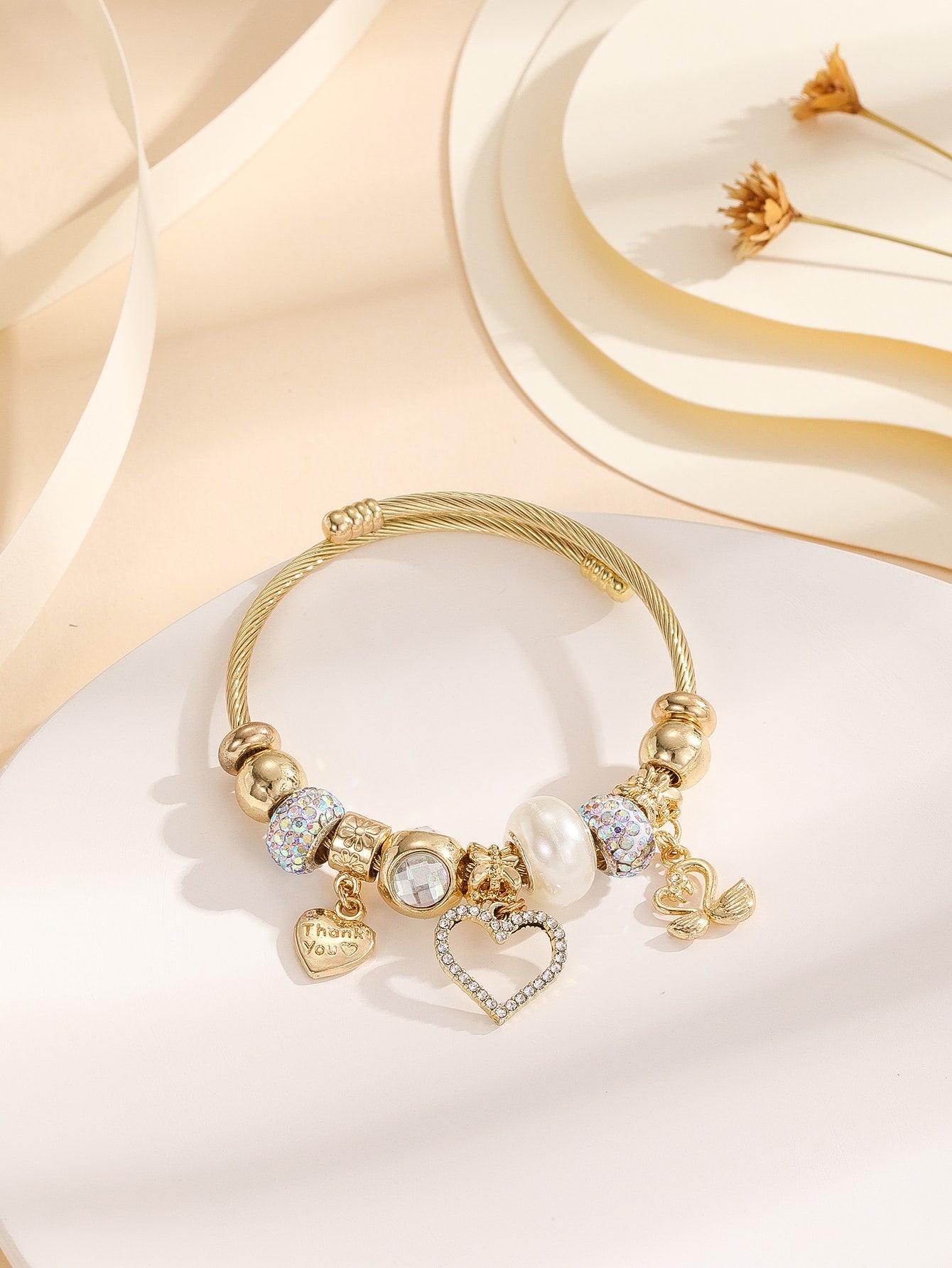 Rhinestone Heart Charm Bangle