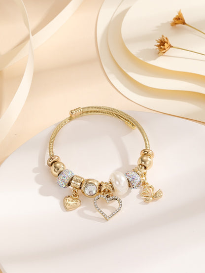 Rhinestone Heart Charm Bangle