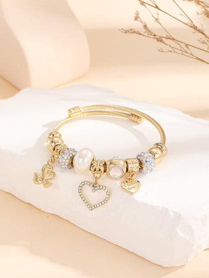 Rhinestone Heart Charm Bangle