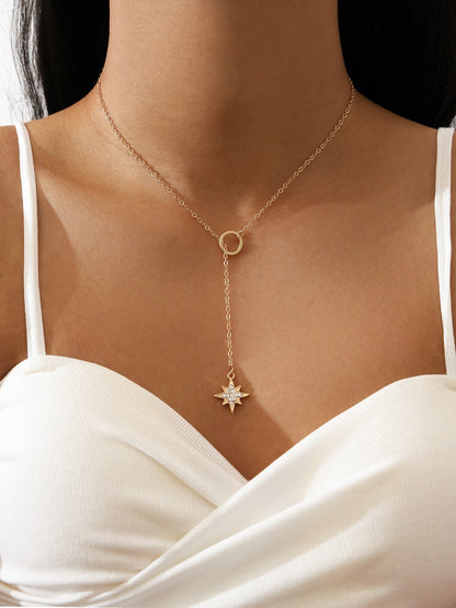 Rhinestone Decor Circle Star Charm Y Lariat Necklace