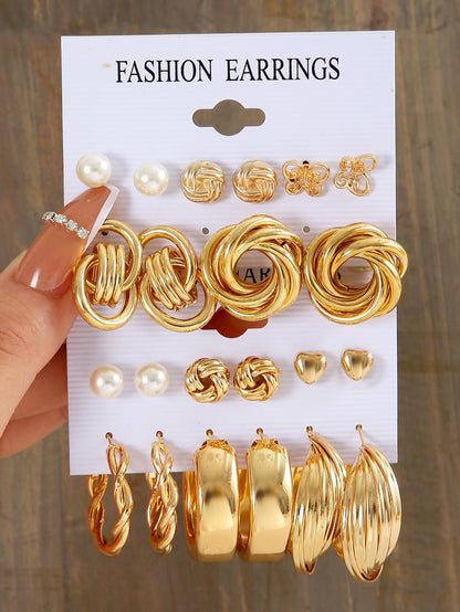 36pcs set Fashion Zinc Alloy Faux Pearl Decor Twisted Hoop Earrings