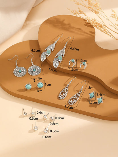 9pairs Feather Turquoise Decor Earrings