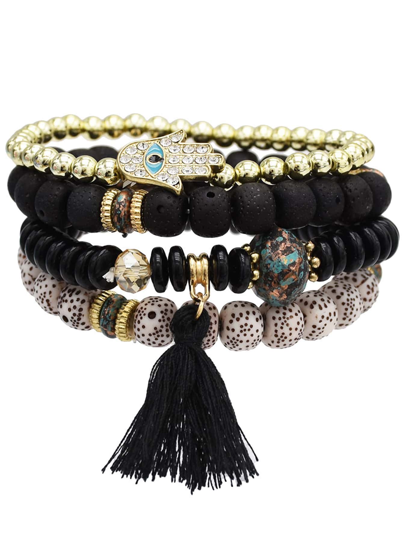 4pcs/set Rhinestone Hamsa Hand & Tassel Decor Fringe Palm Eye Pendant Multi-layer Beaded Bracelet