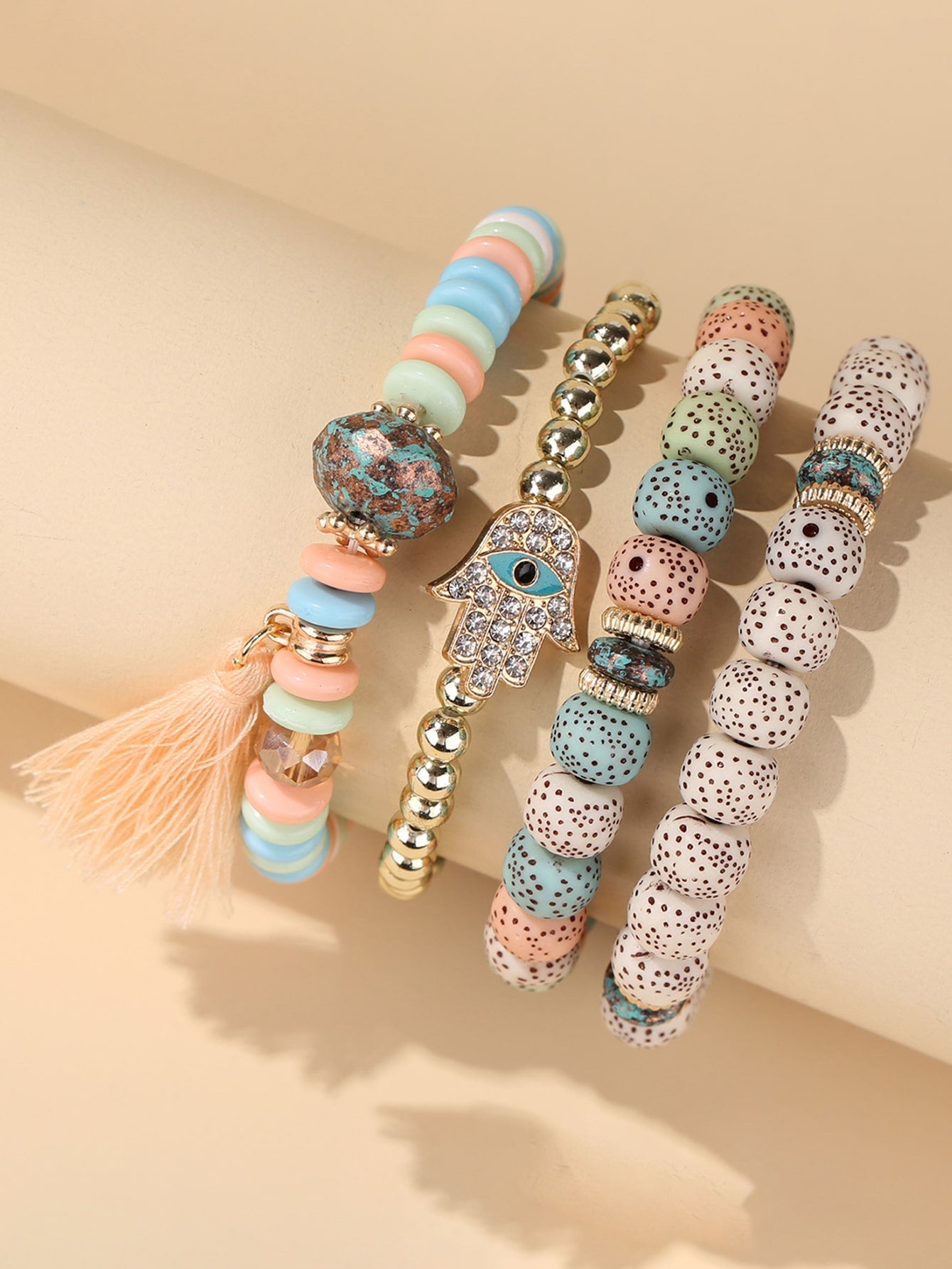 4pcs/set Rhinestone Hamsa Hand & Tassel Decor Fringe Palm Eye Pendant Multi-layer Beaded Bracelet