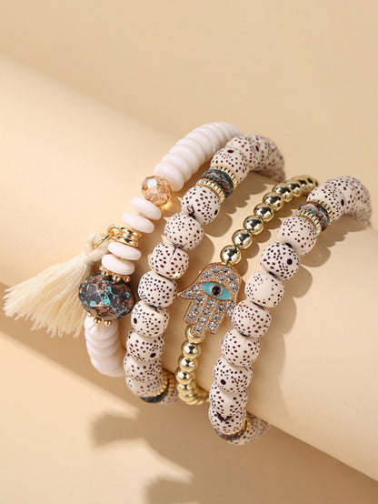 4pcs/set Rhinestone Hamsa Hand & Tassel Decor Fringe Palm Eye Pendant Multi-layer Beaded Bracelet