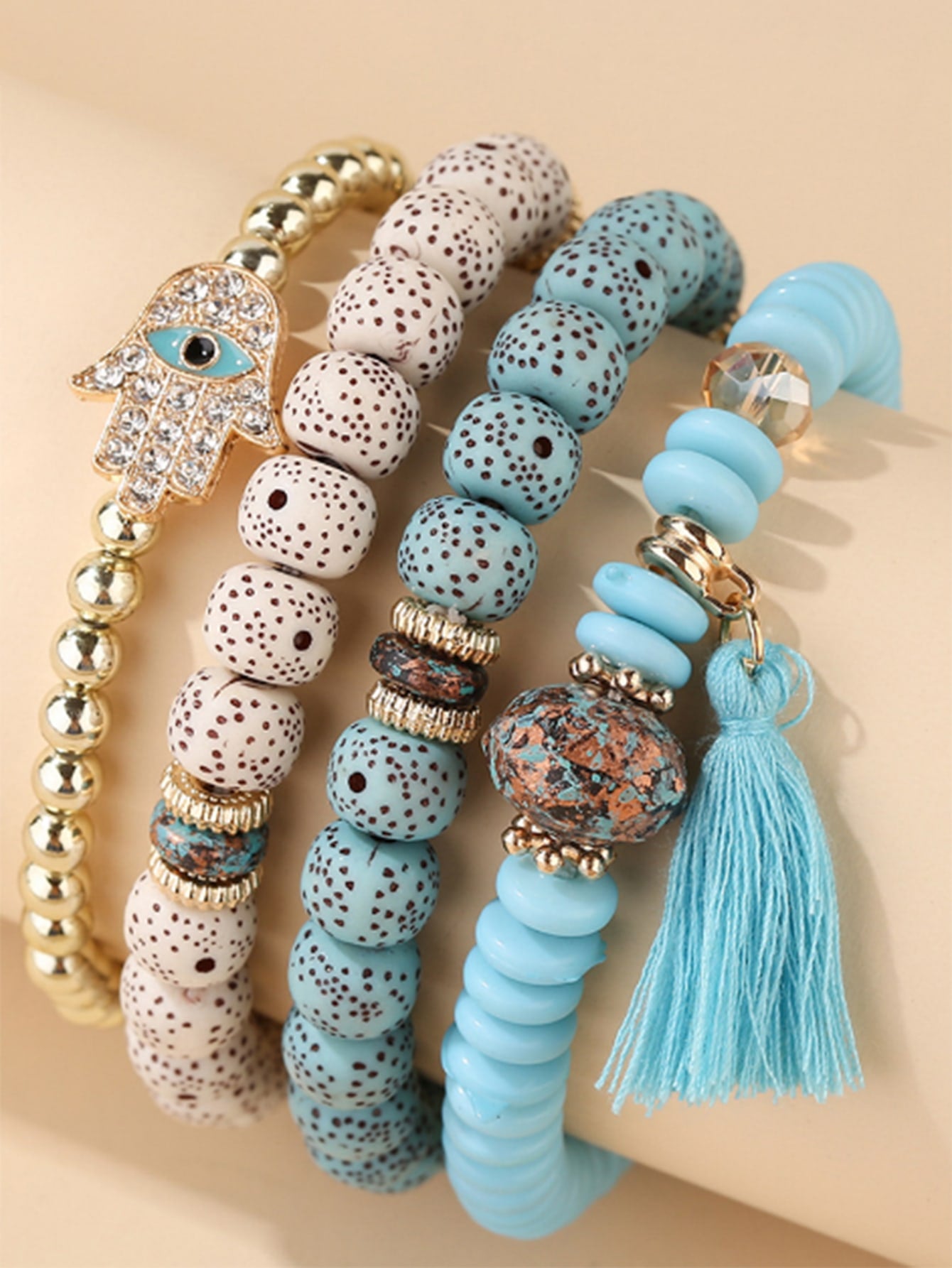 4pcs/set Rhinestone Hamsa Hand & Tassel Decor Fringe Palm Eye Pendant Multi-layer Beaded Bracelet