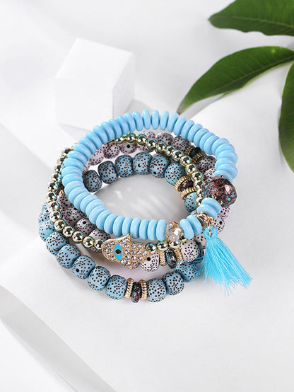 4pcs/set Rhinestone Hamsa Hand & Tassel Decor Fringe Palm Eye Pendant Multi-layer Beaded Bracelet