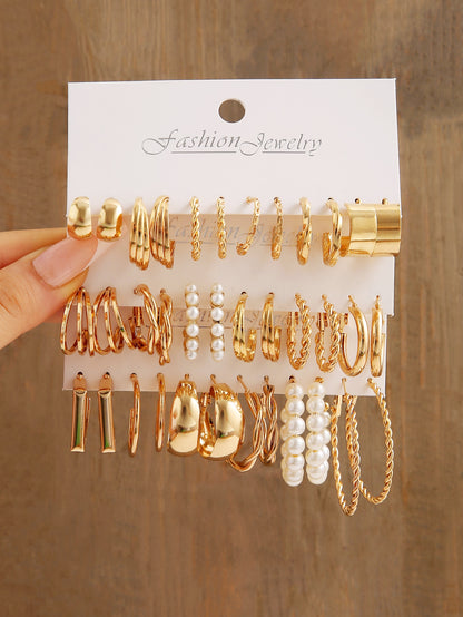 36pcs set Fashion Zinc Alloy Faux Pearl Decor Twisted Hoop Earrings