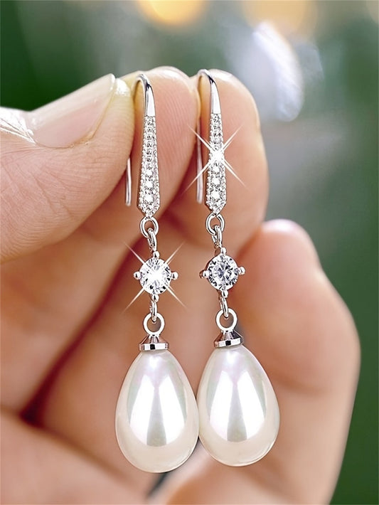 Faux Pearl & Cubic Zirconia Decor Drop Earrings