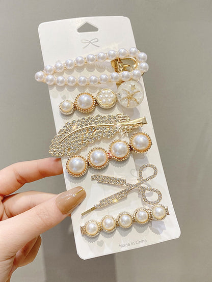 5pcs Rhinestone Faux Pearl Decor Hair Clip