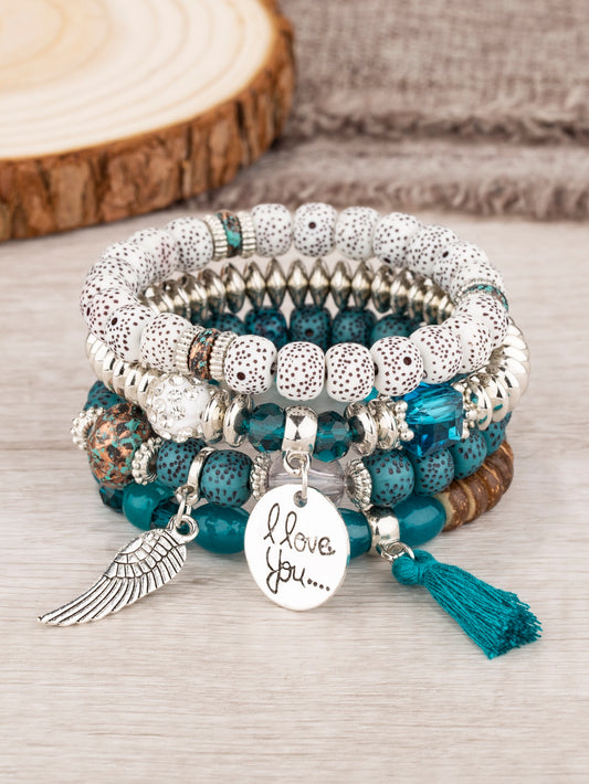 4pcs Wing & Tassel Charm Beaded Bracelet