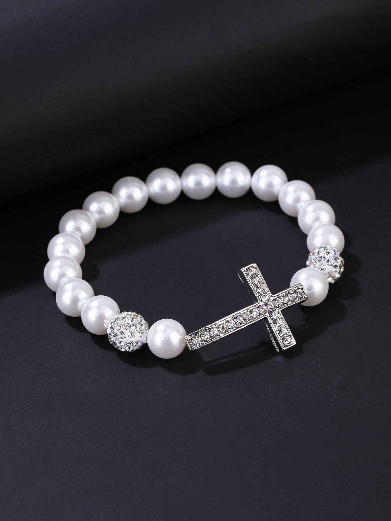 Rhinestone Cross & Faux Pearl Decor Beaded Bracelet