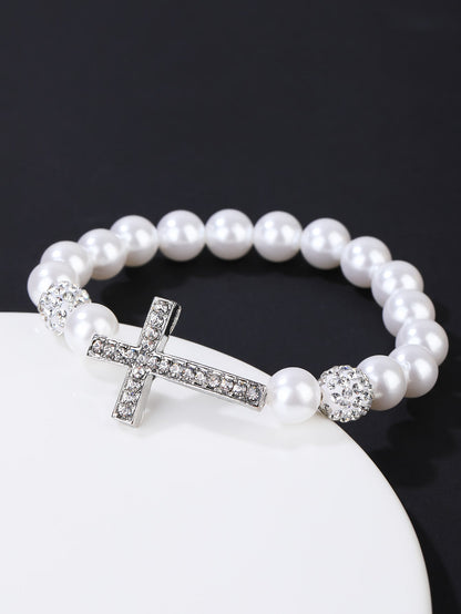 Rhinestone Cross & Faux Pearl Decor Beaded Bracelet