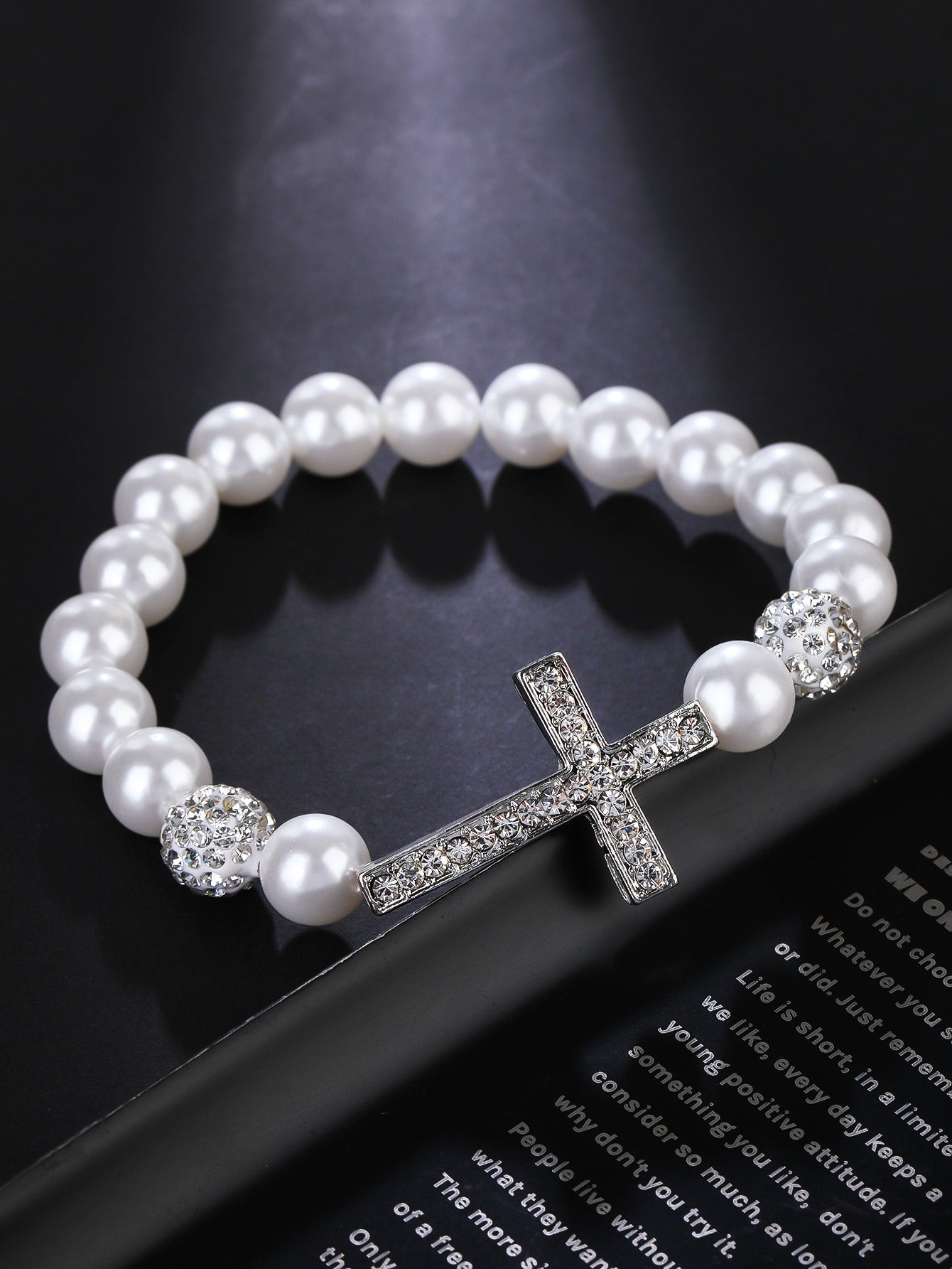 Rhinestone Cross & Faux Pearl Decor Beaded Bracelet