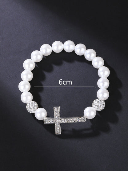 Rhinestone Cross & Faux Pearl Decor Beaded Bracelet