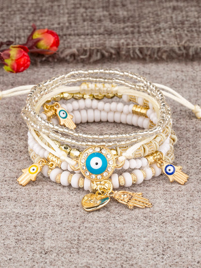 6pcs/set Eye Detail Hamsa Hand & Heart Charm Beaded Bracelet