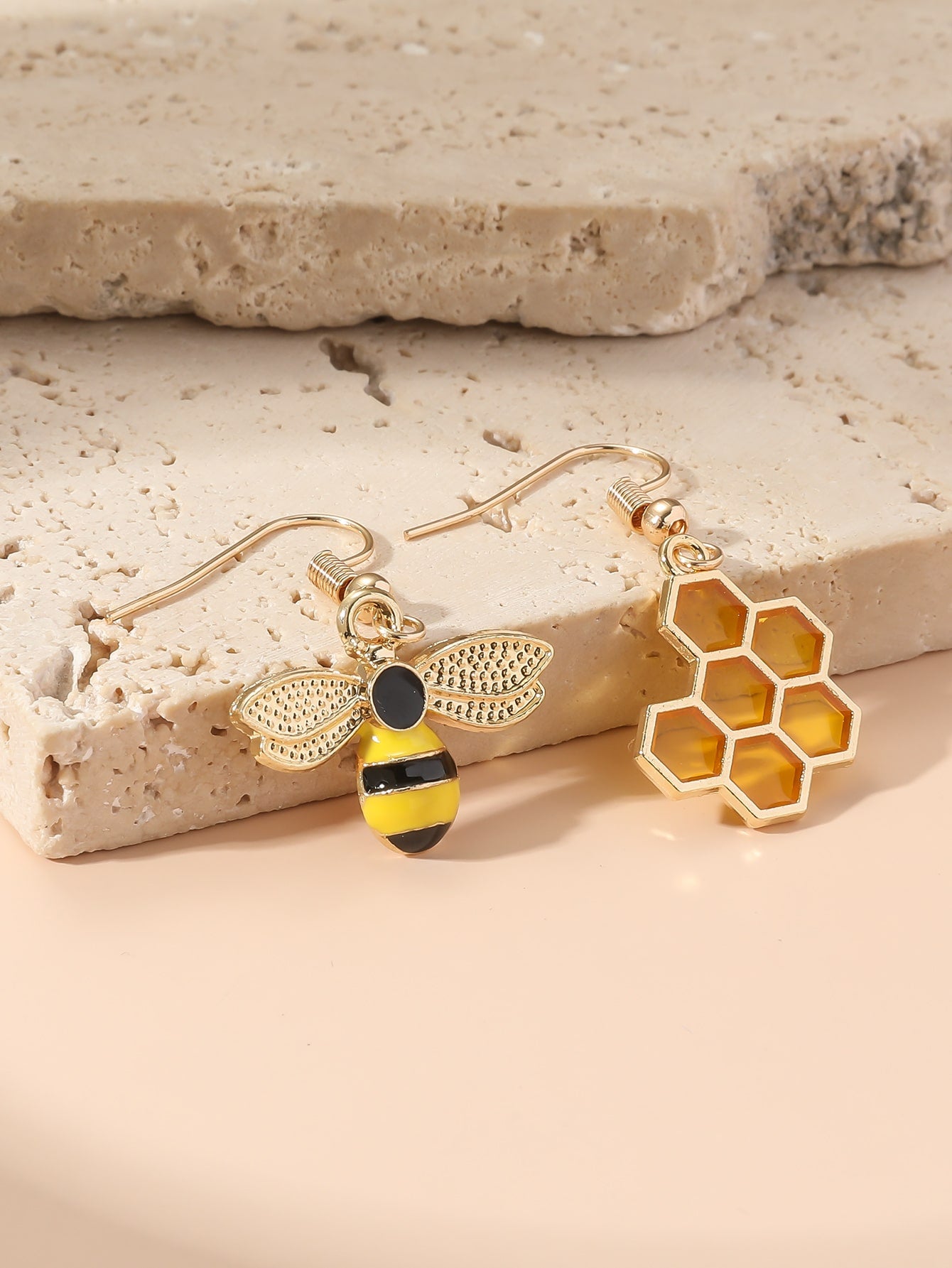 Bee Honeycomb Decor Mismatched Drop Earrings