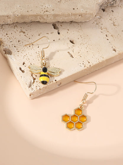 Bee Honeycomb Decor Mismatched Drop Earrings