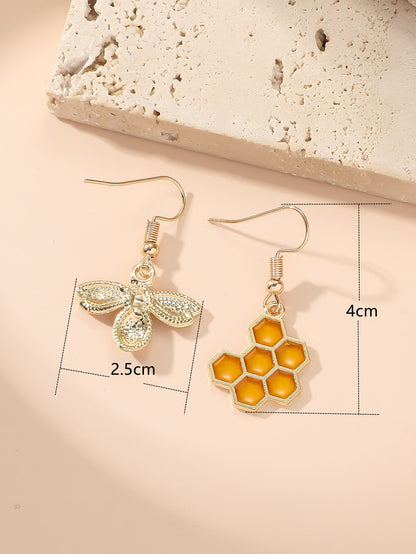 Bee Honeycomb Decor Mismatched Drop Earrings