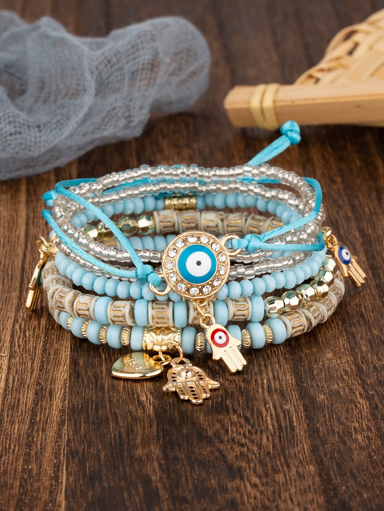 6pcs/set Eye Detail Hamsa Hand & Heart Charm Beaded Bracelet