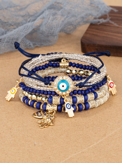 6pcs/set Eye Detail Hamsa Hand & Heart Charm Beaded Bracelet