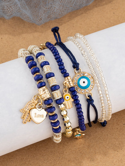 6pcs/set Eye Detail Hamsa Hand & Heart Charm Beaded Bracelet