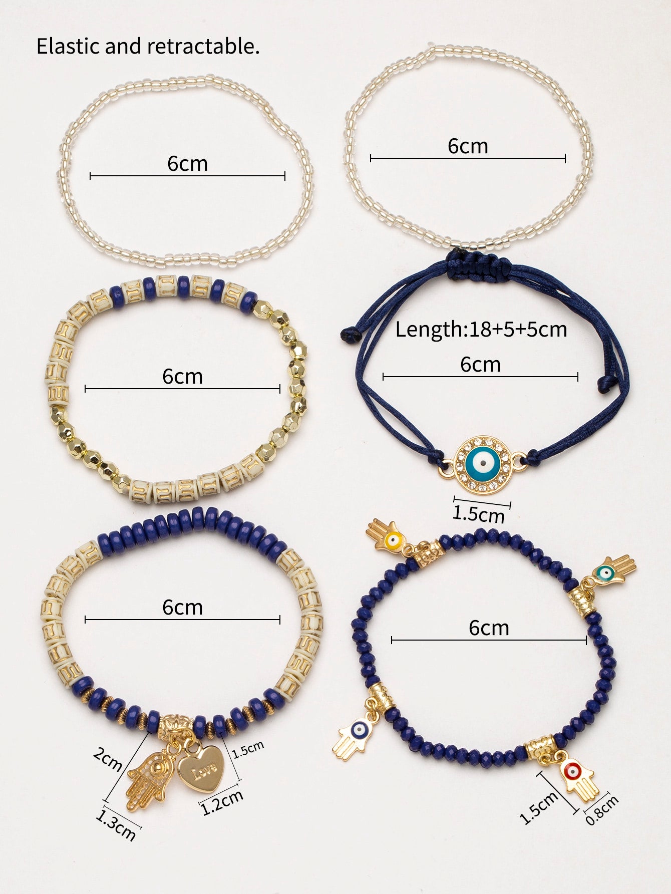 6pcs/set Eye Detail Hamsa Hand & Heart Charm Beaded Bracelet