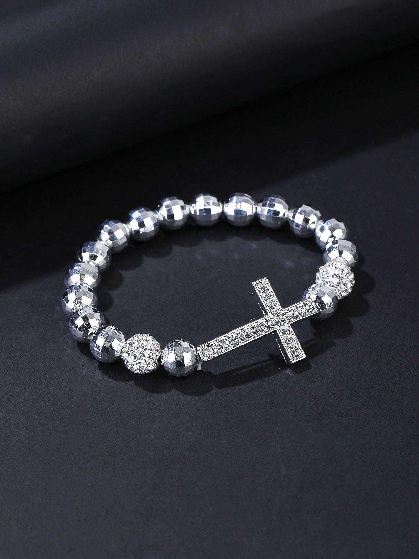 Rhinestone Cross & Faux Pearl Decor Beaded Bracelet