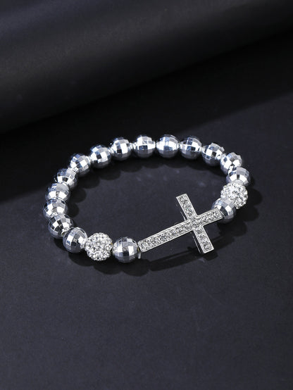 Rhinestone Cross & Faux Pearl Decor Beaded Bracelet