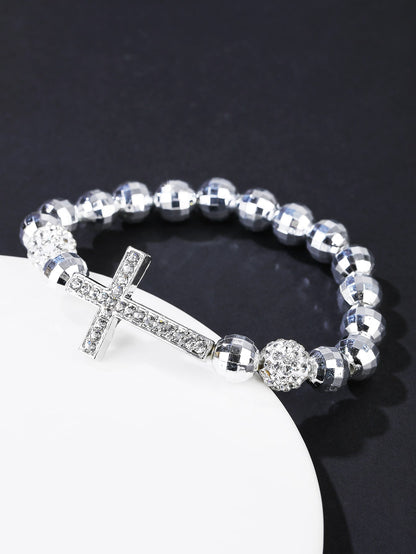 Rhinestone Cross & Faux Pearl Decor Beaded Bracelet