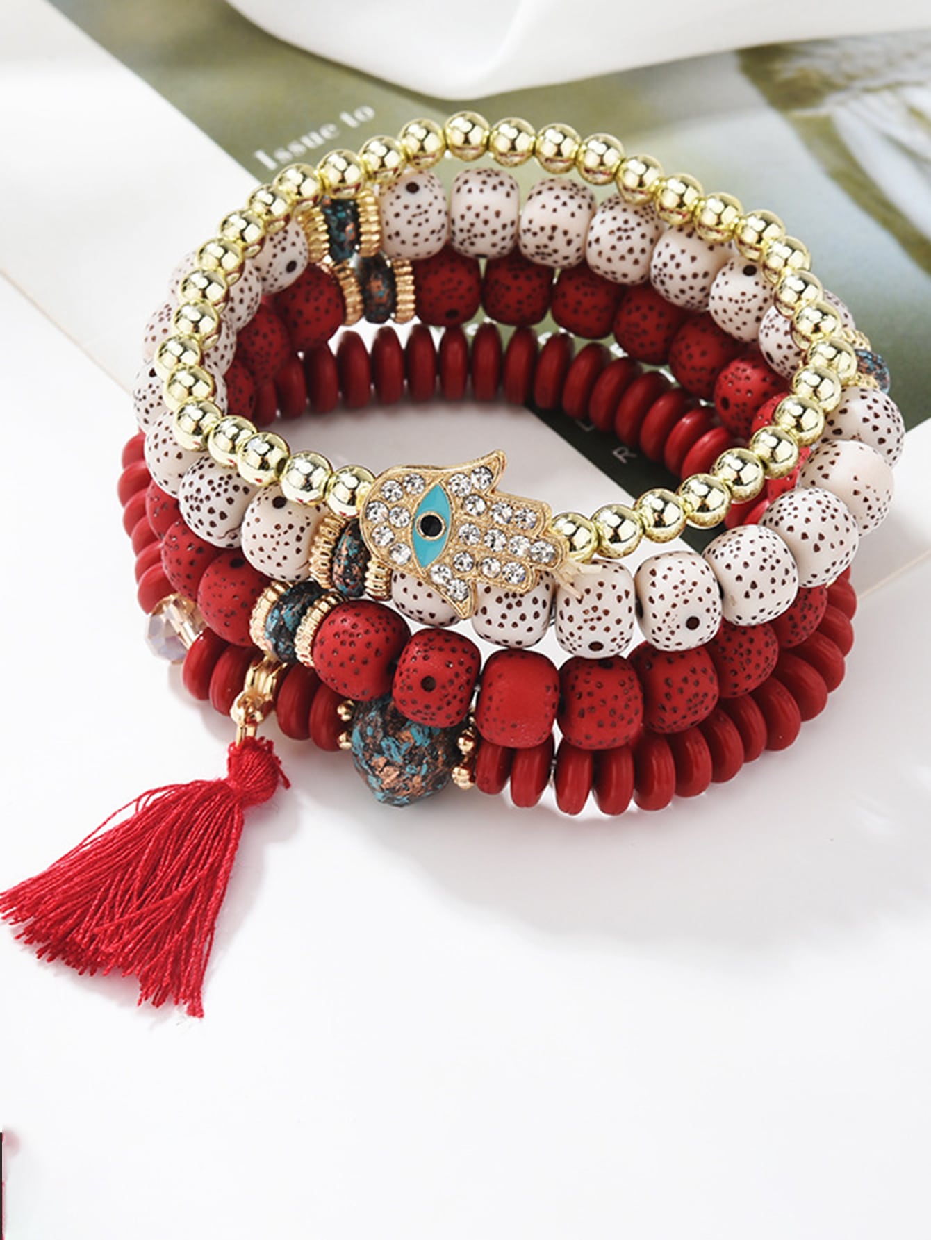 4pcs/set Rhinestone Hamsa Hand & Tassel Decor Fringe Palm Eye Pendant Multi-layer Beaded Bracelet