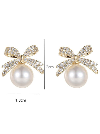 Rhinestone Bow Faux Pearl Design Stud Earrings