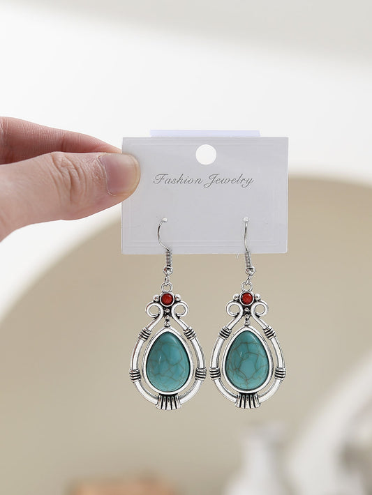 Stone Decor Water Drop Vintage Boho Hollow Turquoise Drop Earrings