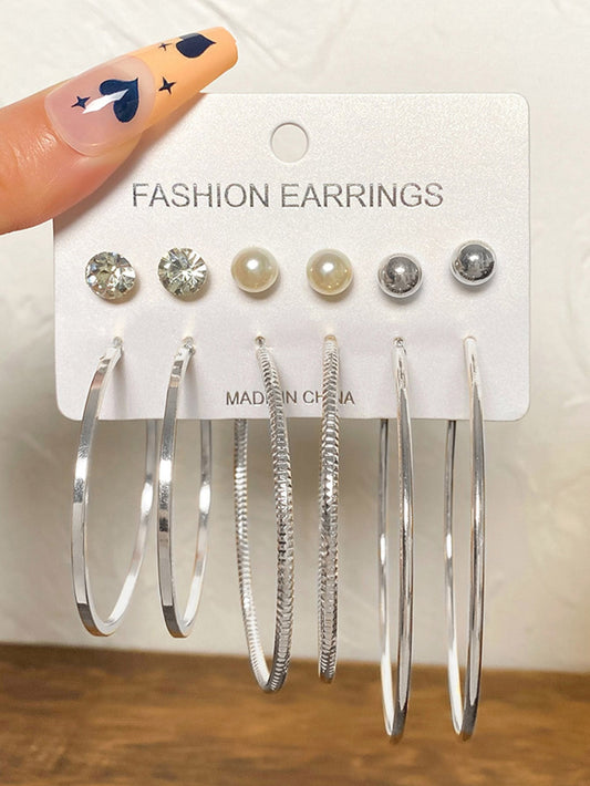 6pairs/set Rhinestone & Faux Pearl Decor Earrings