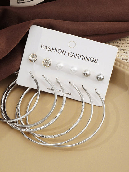 6pairs/set Rhinestone & Faux Pearl Decor Earrings