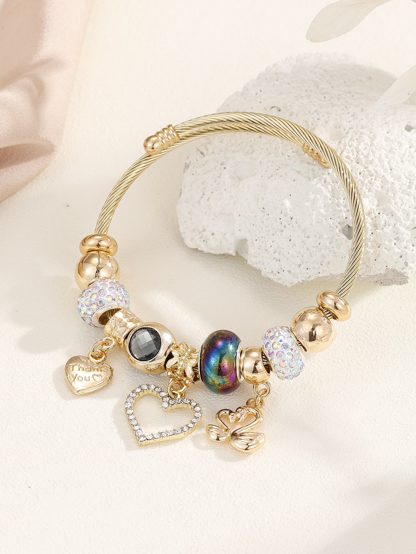 Rhinestone Heart Charm Bangle